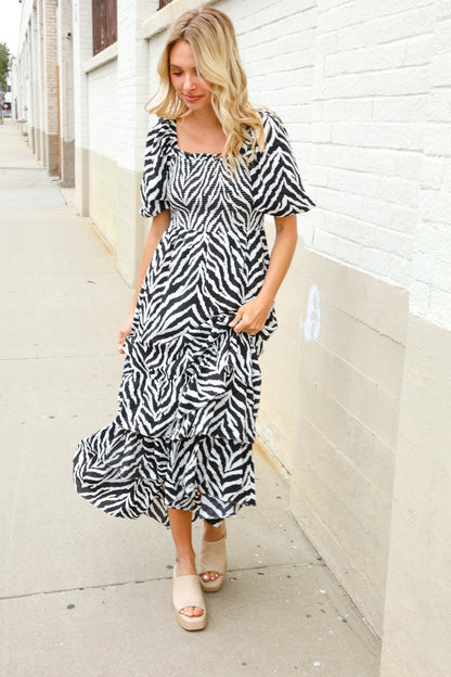 Look My Way Black/White Abstract Print Smocked Neck Maxi Dress First Love