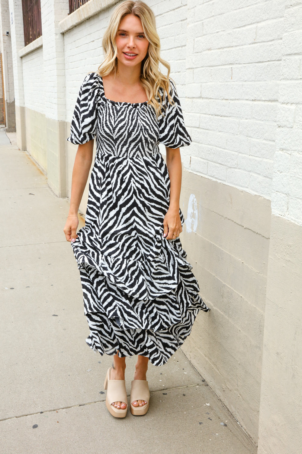 Look My Way Black/White Abstract Print Smocked Neck Maxi Dress First Love