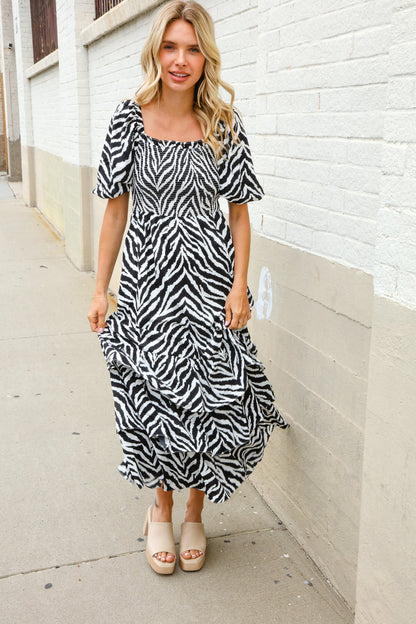 Look My Way Black/White Abstract Print Smocked Neck Maxi Dress First Love