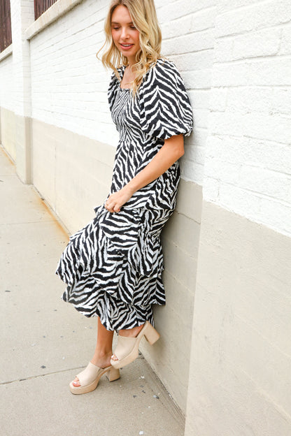 Look My Way Black/White Abstract Print Smocked Neck Maxi Dress First Love