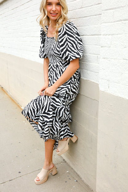 Look My Way Black/White Abstract Print Smocked Neck Maxi Dress First Love