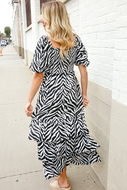 Look My Way Black/White Abstract Print Smocked Neck Maxi Dress First Love