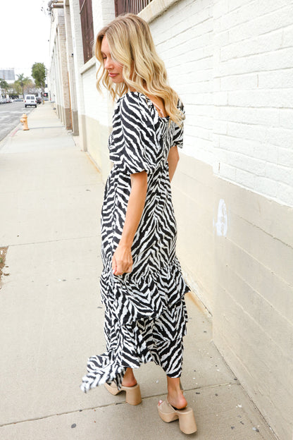 Look My Way Black/White Abstract Print Smocked Neck Maxi Dress First Love