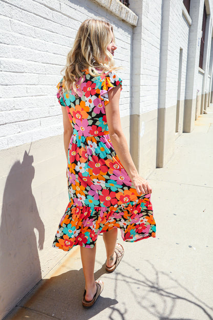 PLUS Feeling Femme Black & Multicolor Floral Print V Neck Midi Dress Haptics