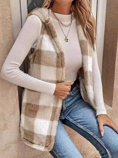 Fuzzy Plaid Hooded Vest Coat Trendsi