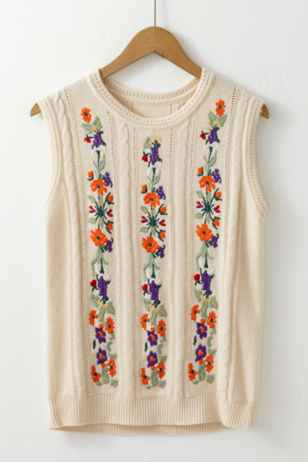 Embroidered Cable-Knit Round Neck Sweater Vest Trendsi