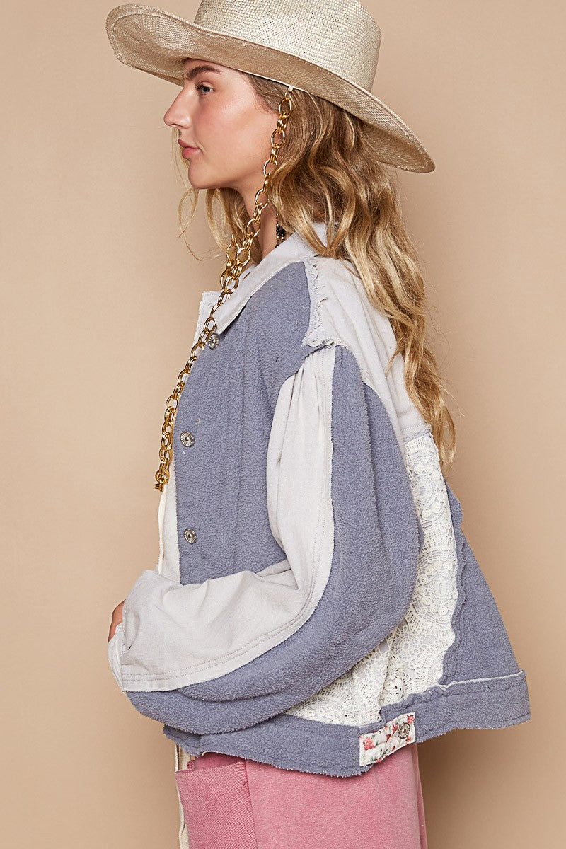 POL Crochet Patch Exposed Seam Button Up Jacket Trendsi