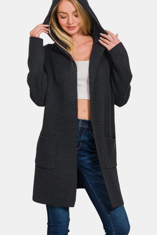 Zenana Hooded Open Front Sweater Cardigan Trendsi