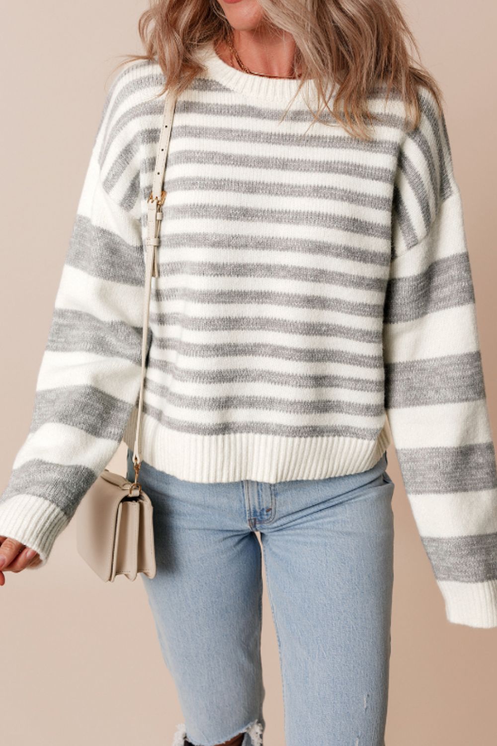 Striped Round Neck Dropped Shoulder Sweater Trendsi