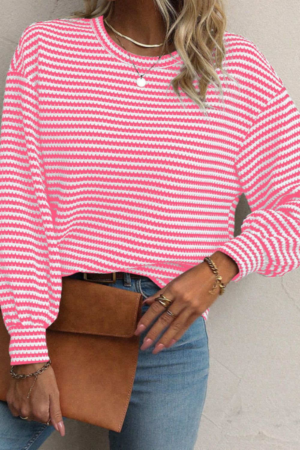 Striped Round Neck Long Sleeve Top Trendsi