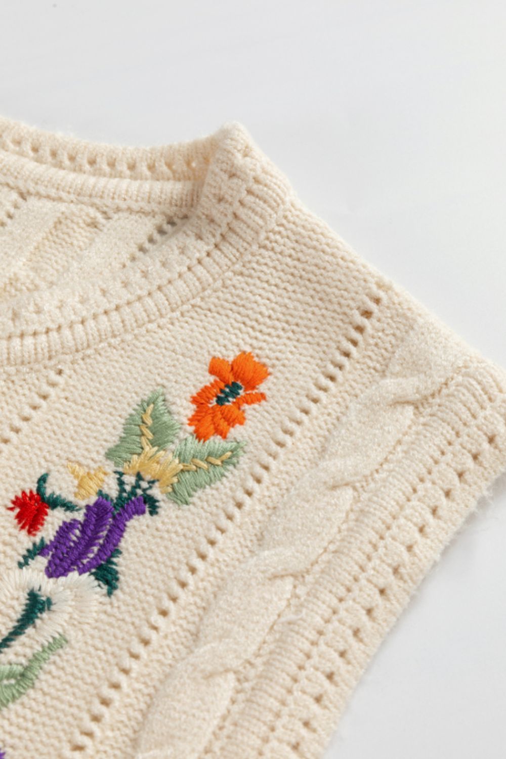 Embroidered Cable-Knit Round Neck Sweater Vest Trendsi