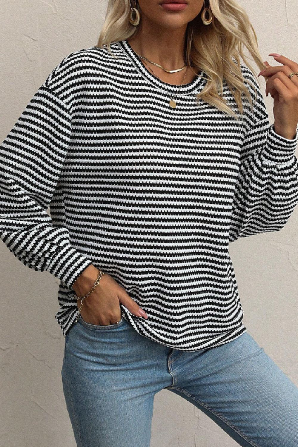 Striped Round Neck Long Sleeve Top Trendsi