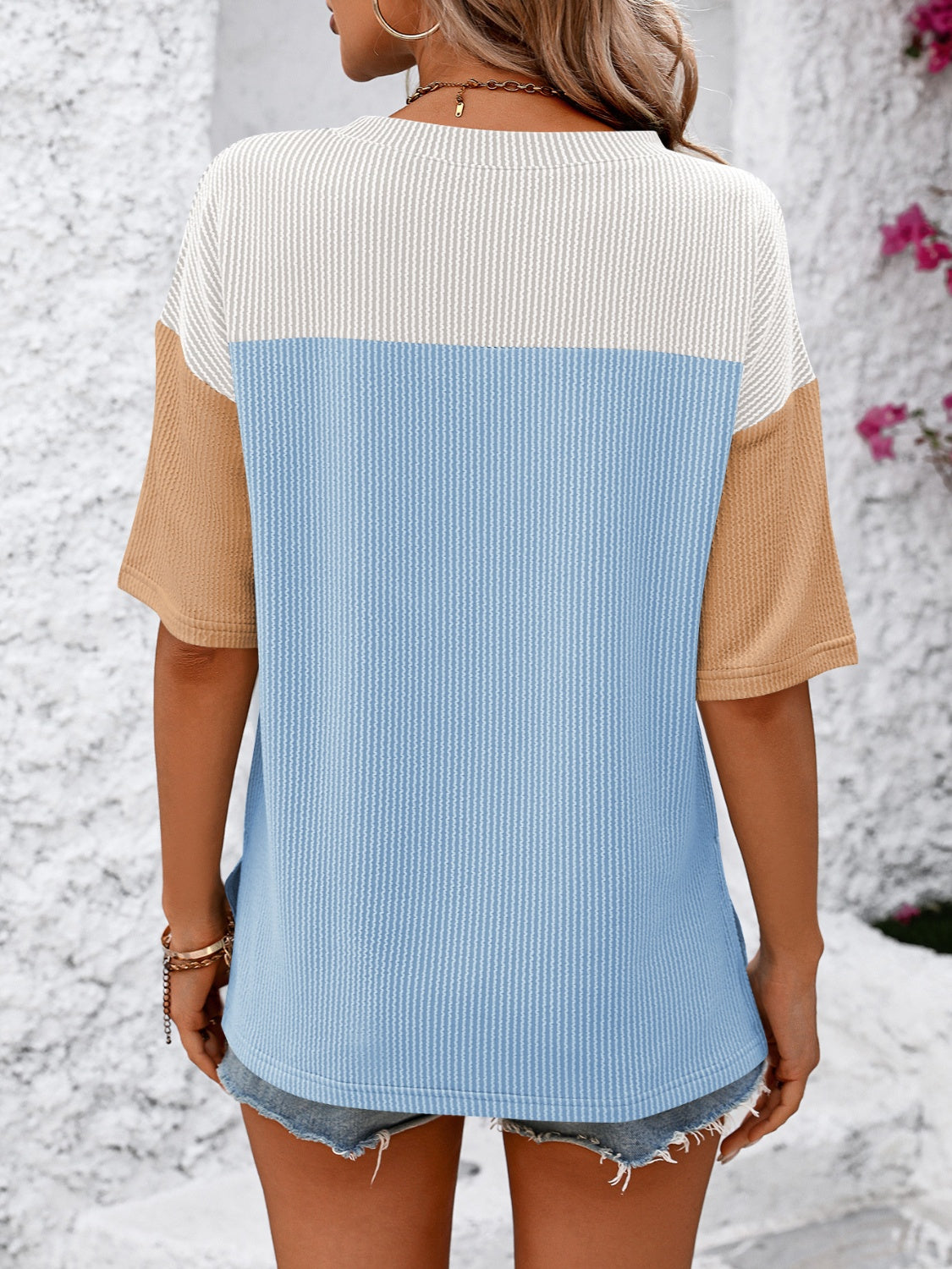 Color Block Round Neck Half Sleeve T-Shirt Trendsi