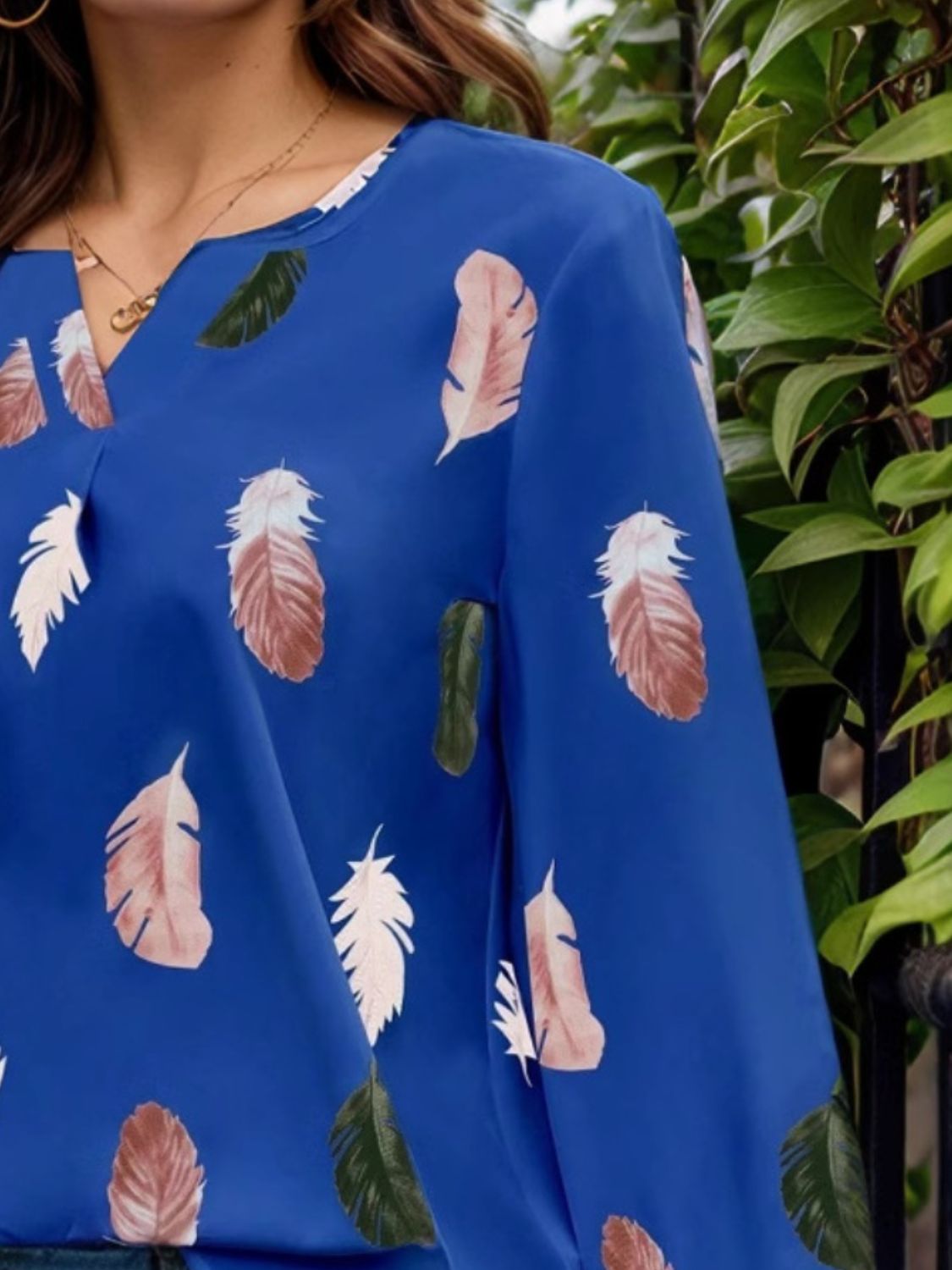 Feather Print Notched Balloon Sleeve Top Trendsi