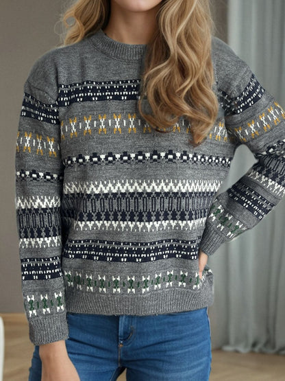 Geometric Round Neck Long Sleeve Sweater Trendsi