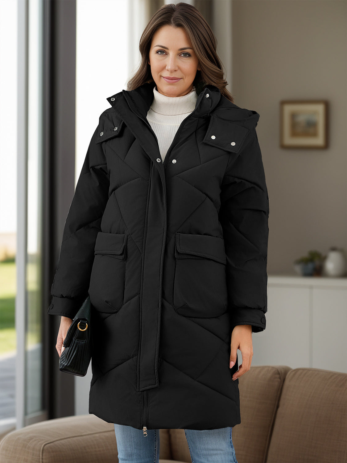 Long Sleeve Longline Hooded Winter Coat with Pockets Trendsi