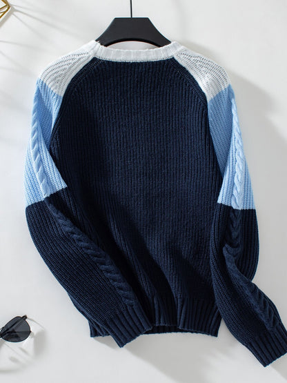 Color Block Round Neck Long Sleeve Sweater Trendsi