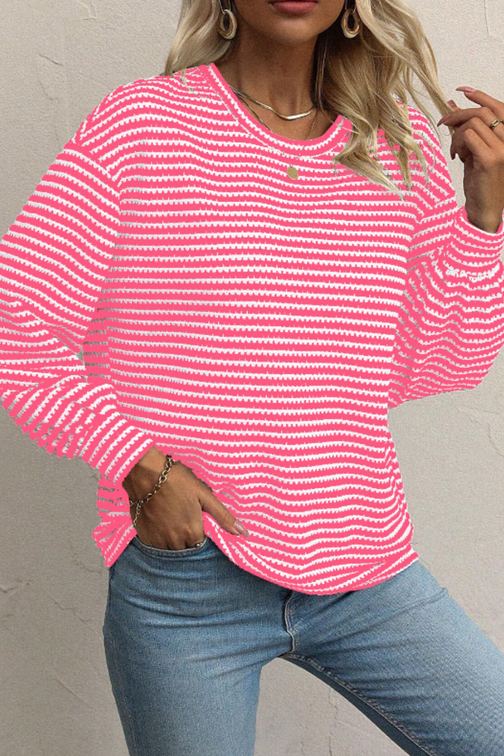 Striped Round Neck Long Sleeve Top Trendsi