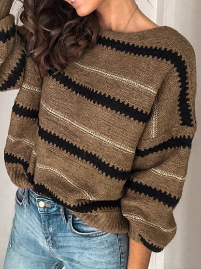 Contrast Striped Round Neck Long Sleeve Sweater Trendsi