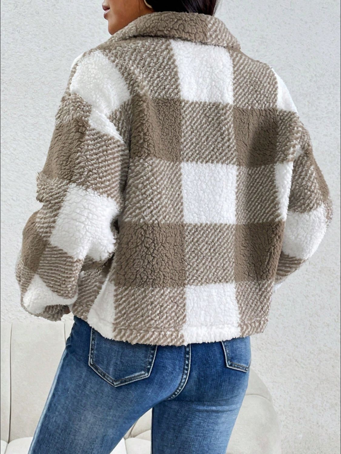 Decorative Pocket Flap Plaid Long Sleeve Jacket Trendsi