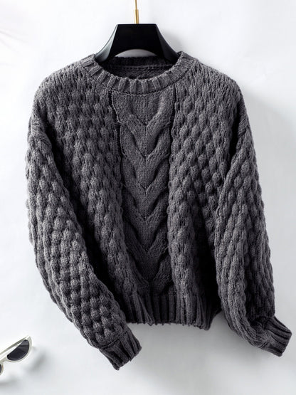 Cable-Knit Round Neck Long Sleeve Sweater Trendsi