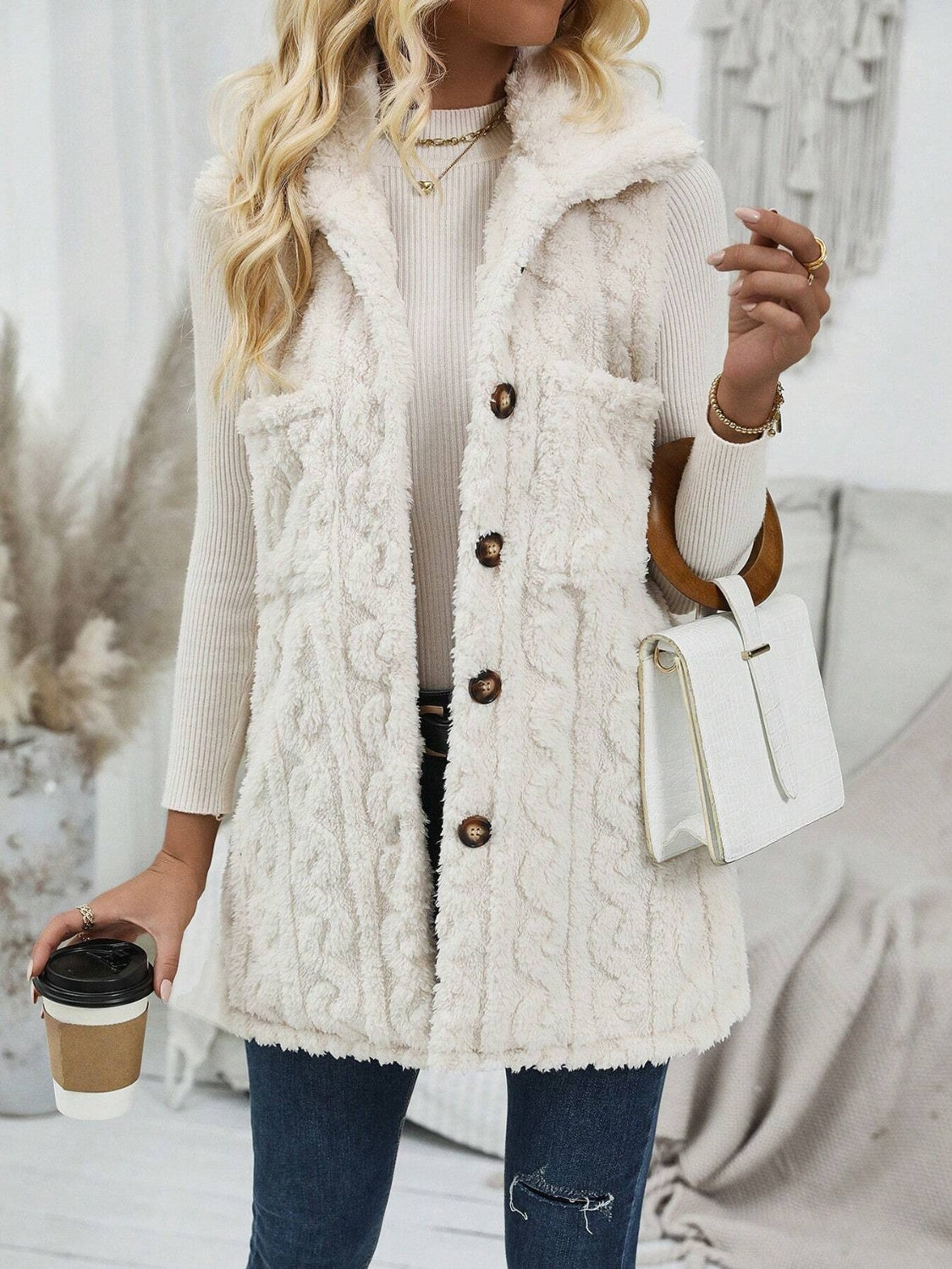 Fuzzy Button Up Vest Coat Trendsi