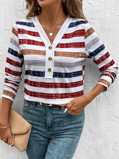 Contrast Striped V-Neck Long Sleeve T-Shirt Trendsi