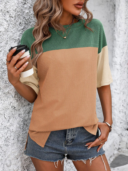 Color Block Round Neck Half Sleeve T-Shirt Trendsi