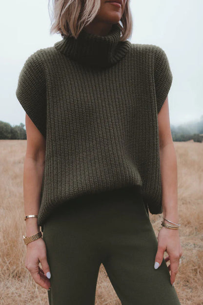 Slit Turtleneck Cap Sleeve Sweater Trendsi