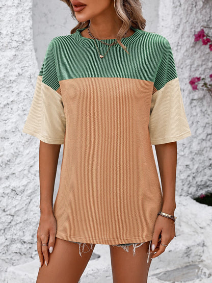 Color Block Round Neck Half Sleeve T-Shirt Trendsi