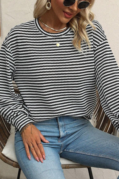 Striped Round Neck Long Sleeve Top Trendsi