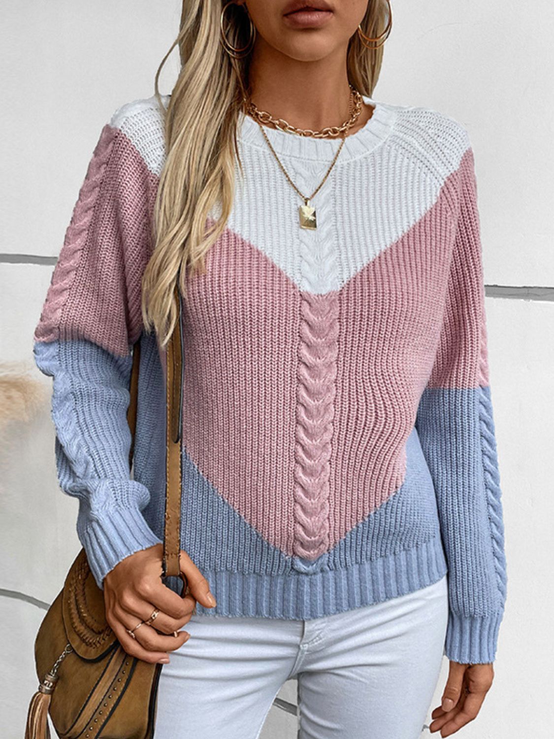 Color Block Round Neck Long Sleeve Sweater Trendsi