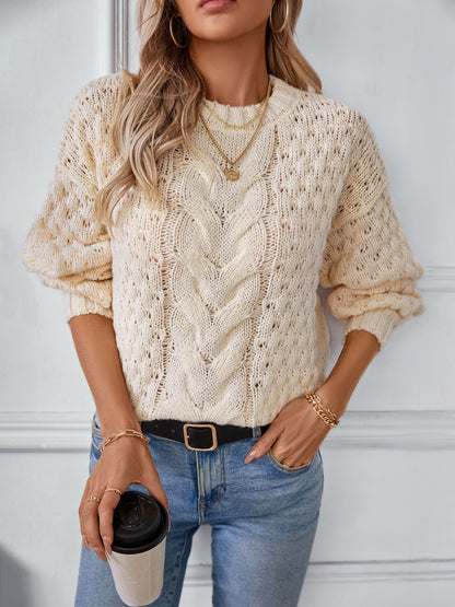 Cable-Knit Round Neck Long Sleeve Sweater Trendsi