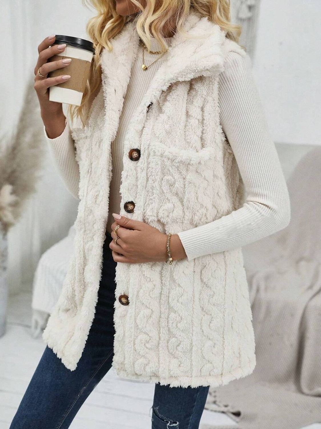 Fuzzy Button Up Vest Coat Trendsi