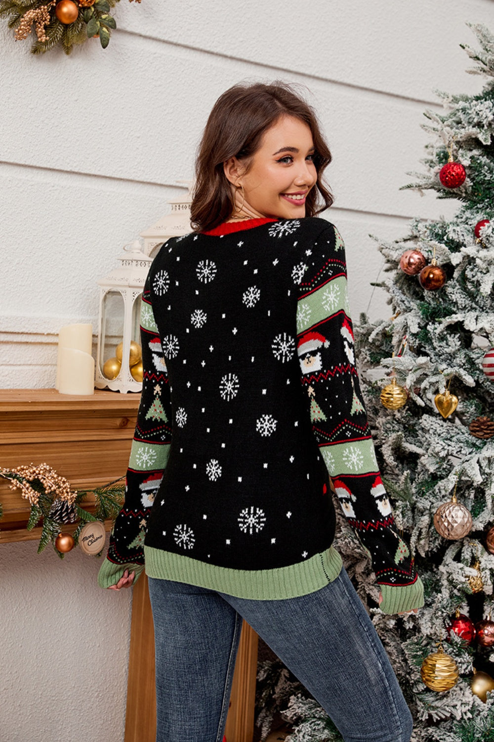 Contrast Christmas Pattern Round Neck Sweater Trendsi