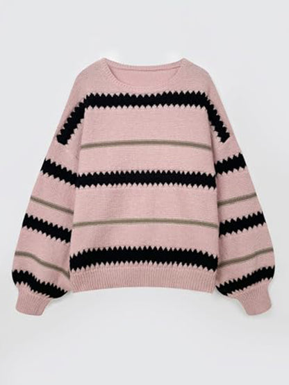 Contrast Striped Round Neck Long Sleeve Sweater Trendsi