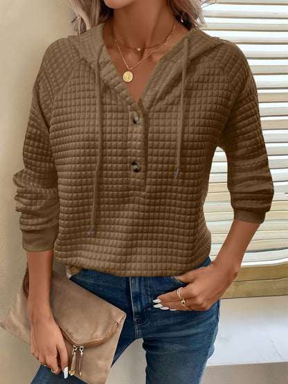 Full Size Texture Button Detail Drawstring Long Sleeve Hoodie Trendsi