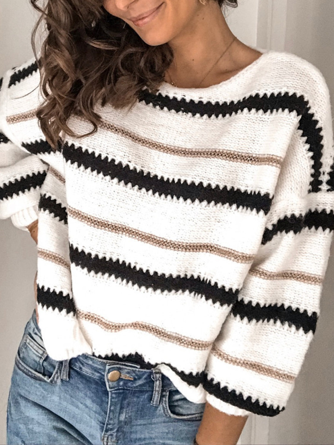 Contrast Striped Round Neck Long Sleeve Sweater Trendsi