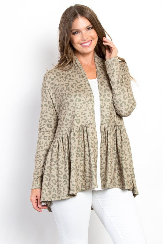 Be Stage Full Size Peplum Leopard Open Front Long Sleeve Cardigan Trendsi