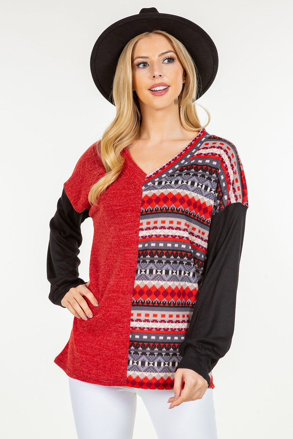 Celeste Full Size Contrast Geometric V-Neck Long Sleeve Blouse Trendsi