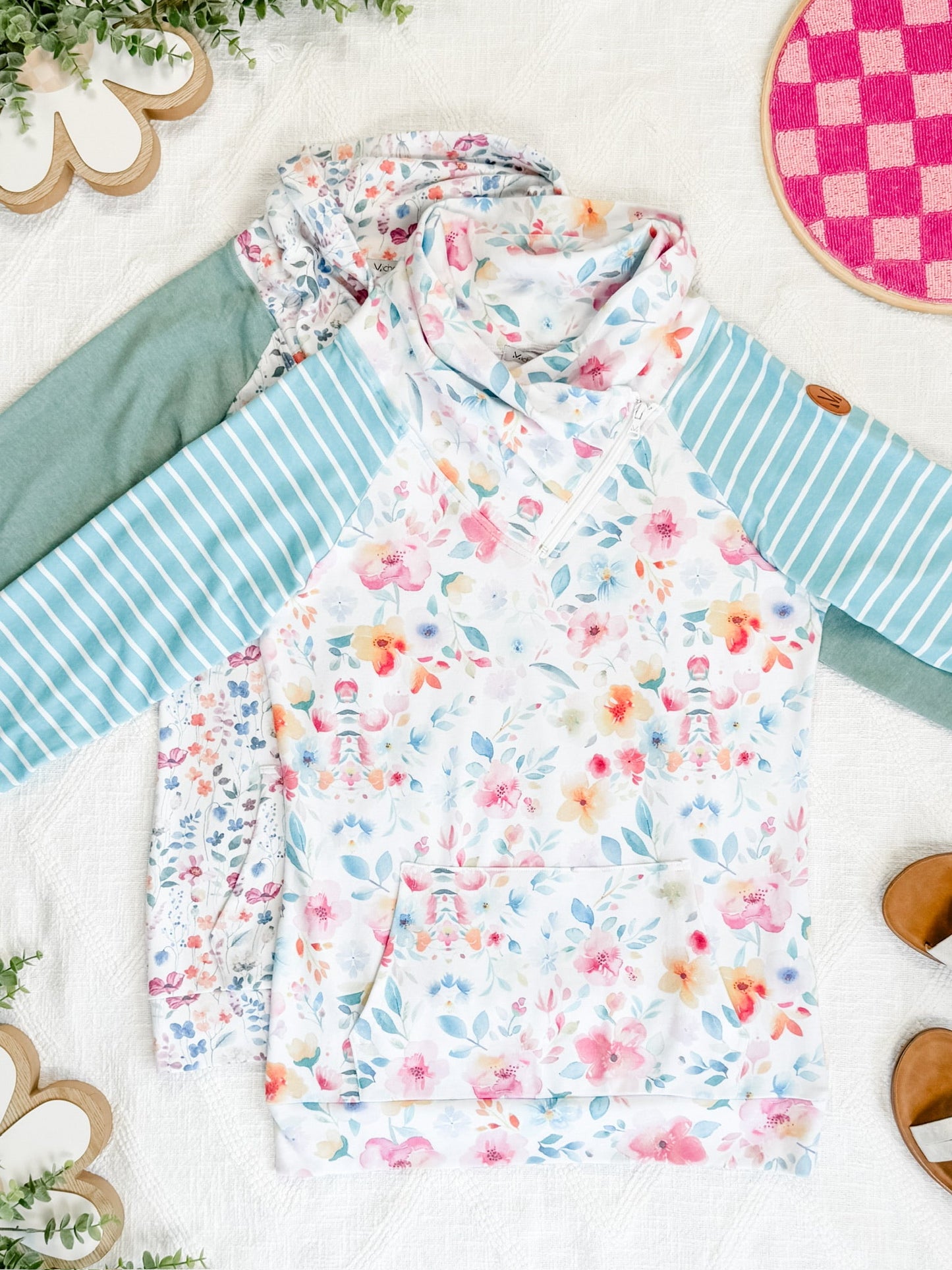 Zoey Zip Cowl Sweatshirt - Watercolor Floral and Stripes