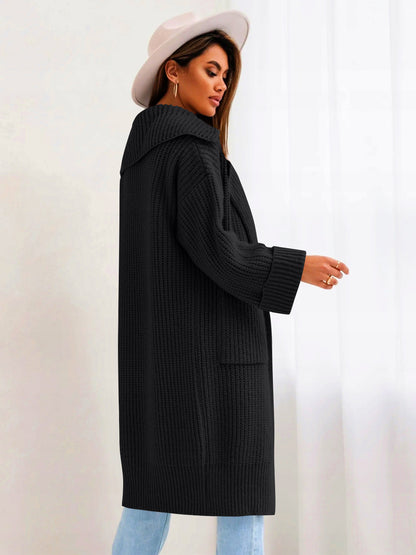 Pocketed Collared Neck Dropped Shoulder Cardigan Trendsi