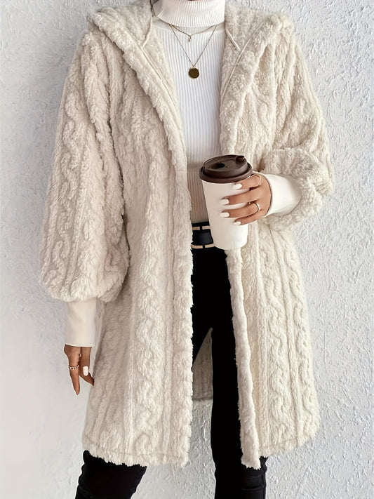 Open Front Long Sleeve Fuzzy Hooded Jacket Trendsi