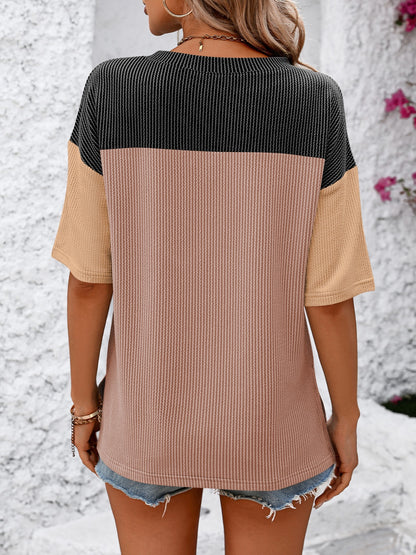 Color Block Round Neck Half Sleeve T-Shirt Trendsi