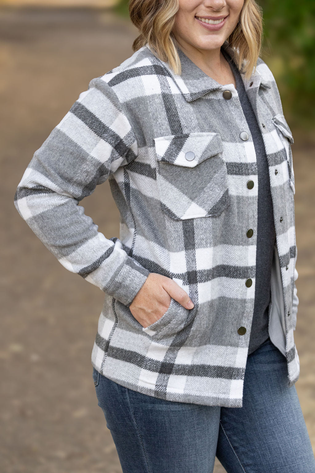 Michelle Mae Norah Plaid Shacket - Classic Grey and White