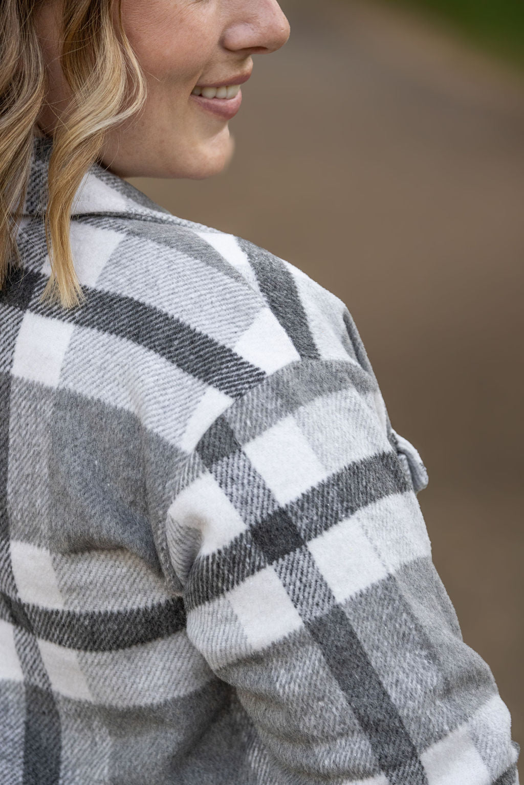 Michelle Mae Norah Plaid Shacket - Classic Grey and White