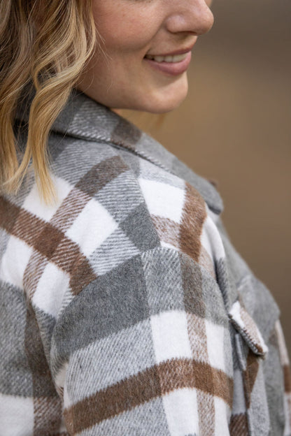 Michelle Mae Norah Plaid Shacket - Grey and Tan