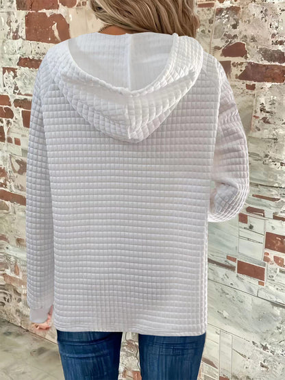 Full Size Texture Button Detail Drawstring Long Sleeve Hoodie Trendsi