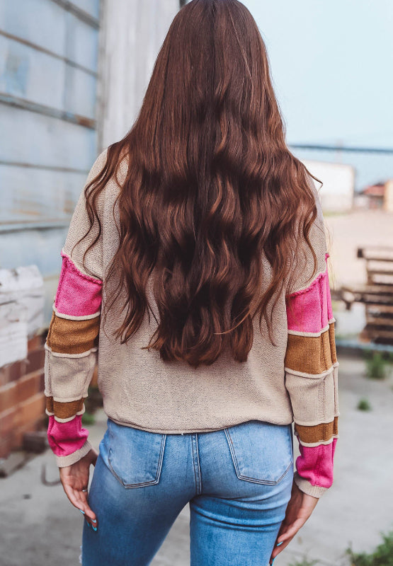 Color Block Round Neck Long Sleeve  Sweater Trendsi