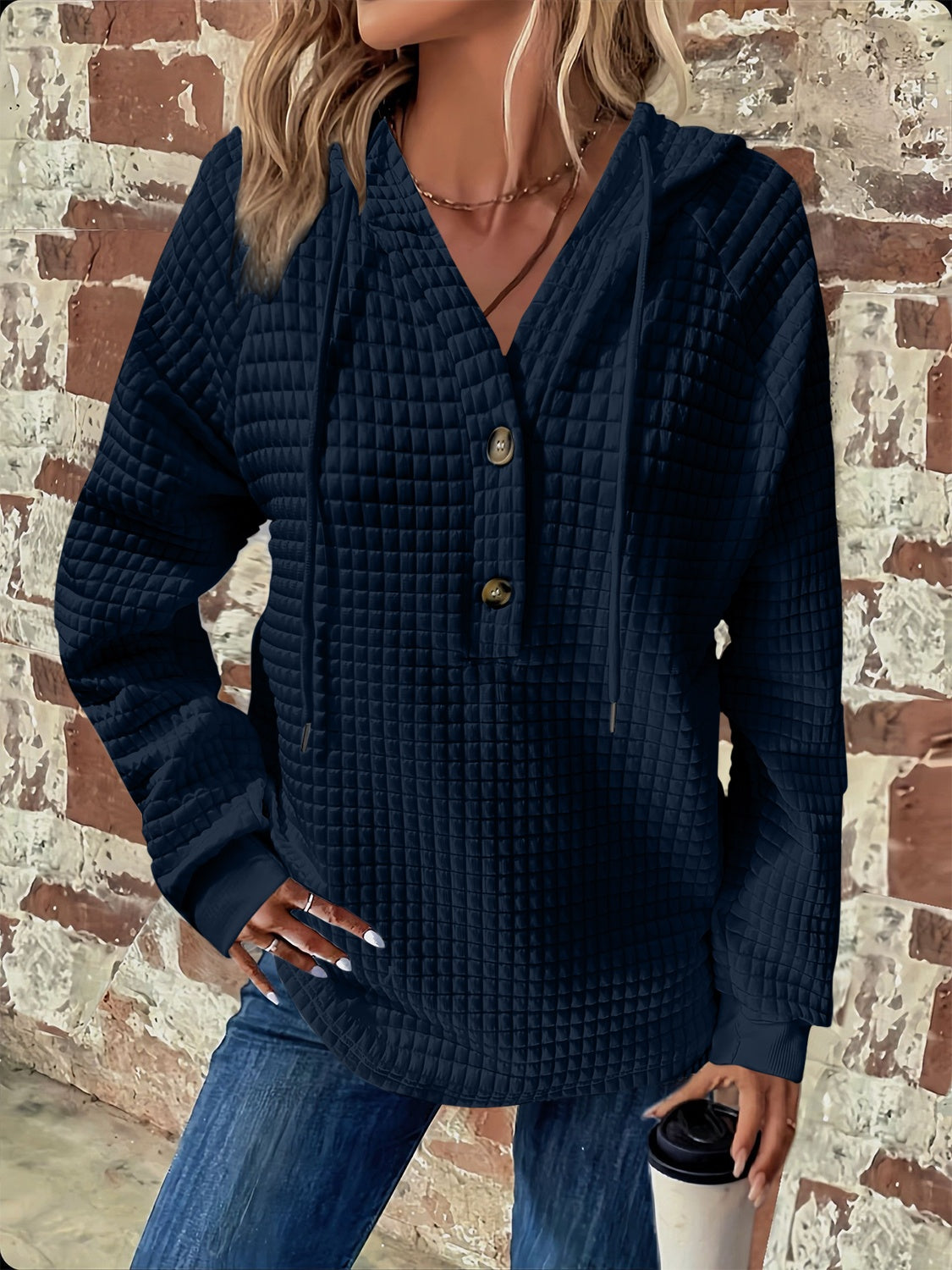 Full Size Texture Button Detail Drawstring Long Sleeve Hoodie Trendsi